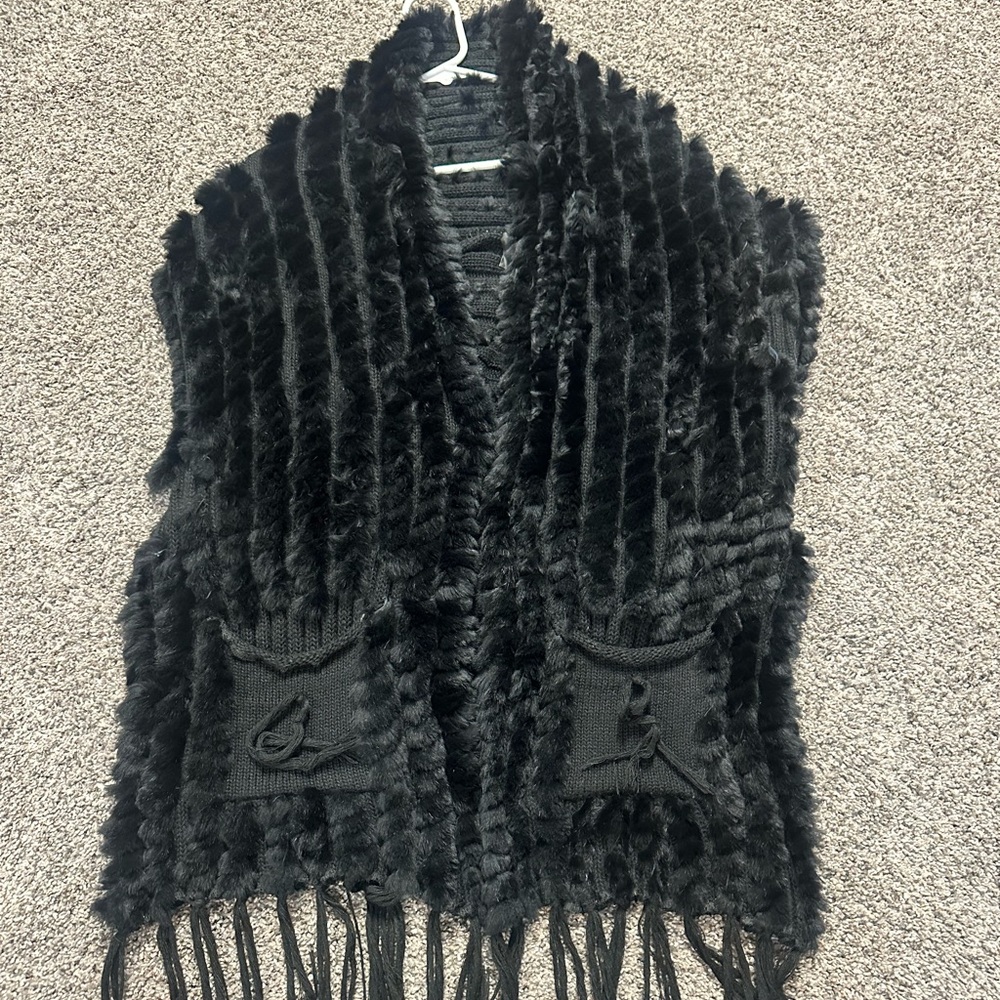 Belle Fare Womens Black Rabbit Fur Cowl Neck Shrug Cardigan Sweater Top Size OS